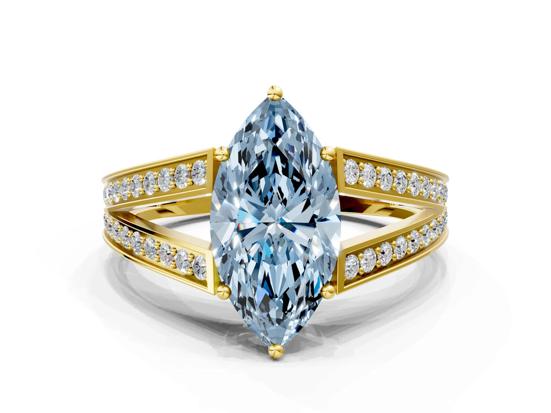 Yellow gold Fancy Blue Marquise Cut Diamond Split Shank Ring with Pavé Band and Four-Prong Setting_58