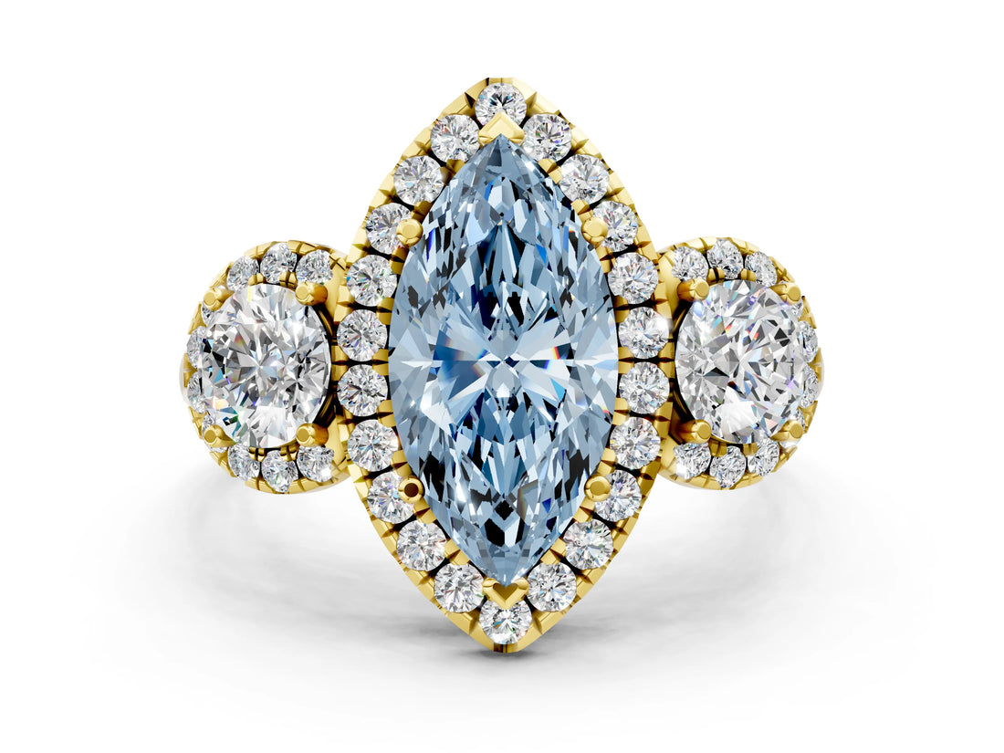 Yellow gold Fancy Blue Marquise Cut Diamond Three-Stone Halo Ring with Prong Setting and Pavé Accents