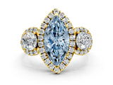 Yellow gold Fancy Blue Marquise Cut Diamond Three-Stone Halo Ring with Prong Setting and Pavé Accents