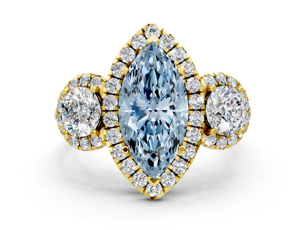 Yellow gold Fancy Blue Marquise Cut Diamond Three-Stone Halo Ring with Prong Setting and Pavé Accents