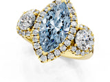 Yellow gold Fancy Blue Marquise Cut Diamond Three-Stone Halo Ring with Prong Setting and Pavé Accents_1