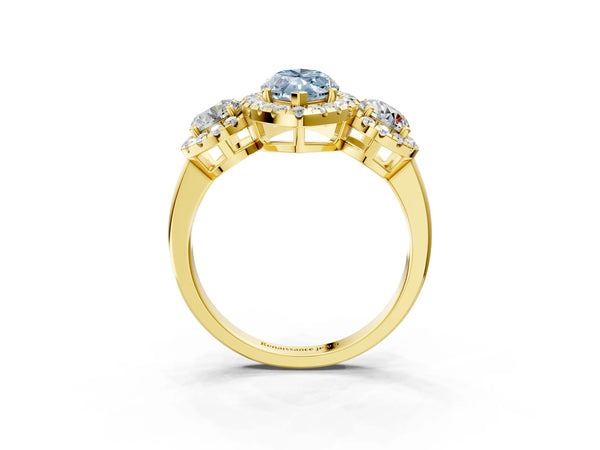 Yellow gold Fancy Blue Marquise Cut Diamond Three-Stone Halo Ring with Prong Setting and Pavé Accents
