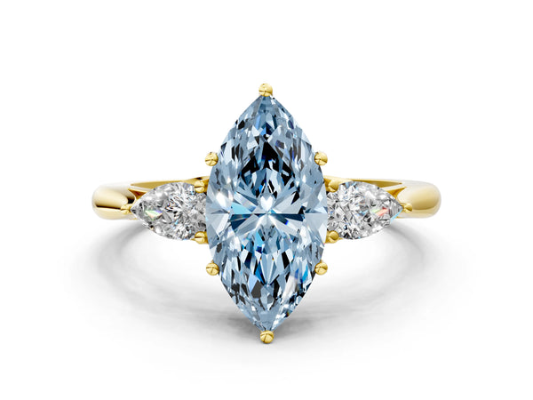 Yellow Gold Marquise Three Stone Pear Side Engagement Ring Setting for Fancy Blue Center