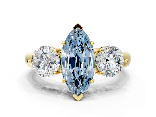 Yellow gold Fancy Blue Marquise Cut Diamond Three-Stone Ring with Prong Setting and Classic Band