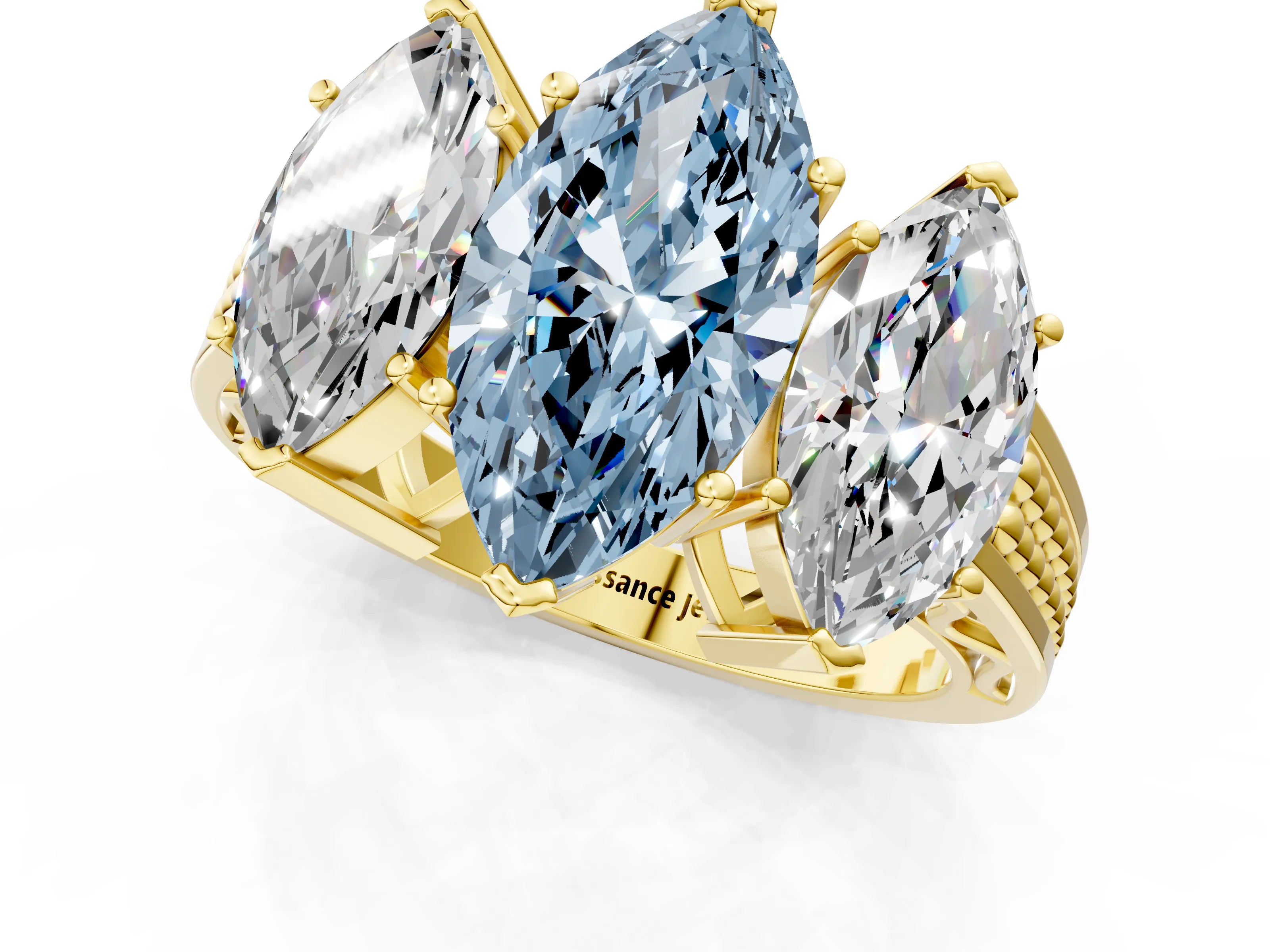 Yellow gold Fancy Blue Marquise Cut Diamond Three-Stone Ring with Prong Setting and Textured Band_1
