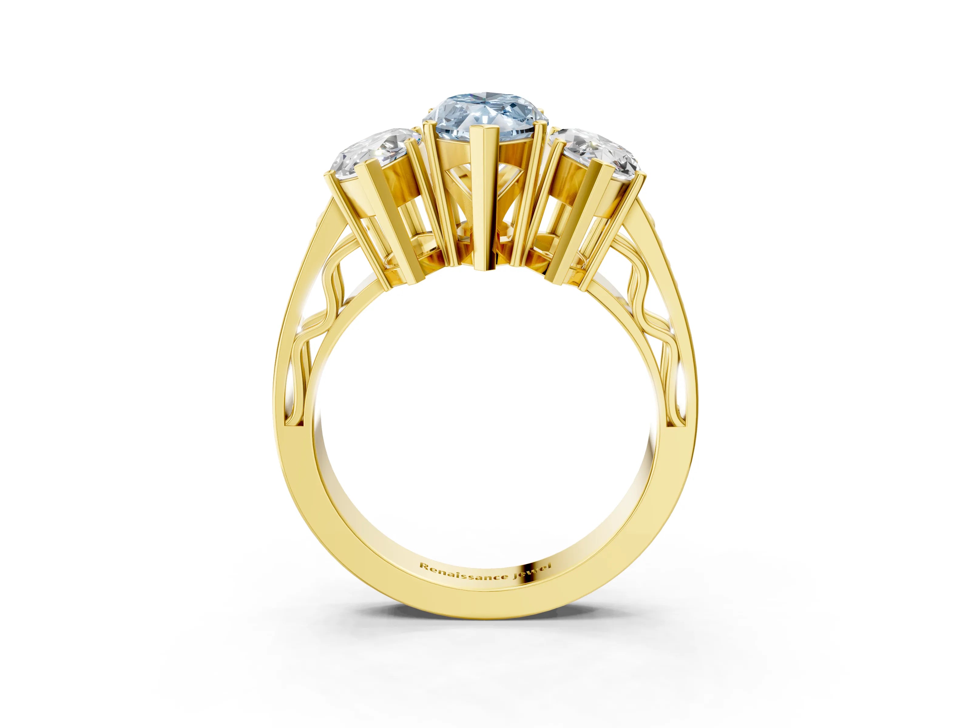 Yellow gold Fancy Blue Marquise Cut Diamond Three-Stone Ring with Prong Setting and Textured Band_3