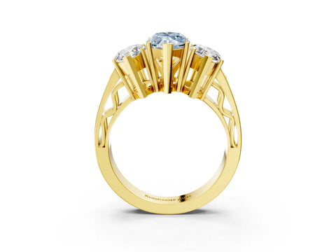 Yellow gold Fancy Blue Marquise Cut Diamond Three-Stone Ring with Prong Setting and Textured Band_3