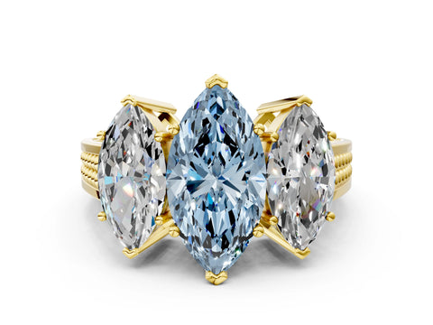 Yellow gold Fancy Blue Marquise Cut Diamond Three-Stone Ring with Prong Setting and Textured Band