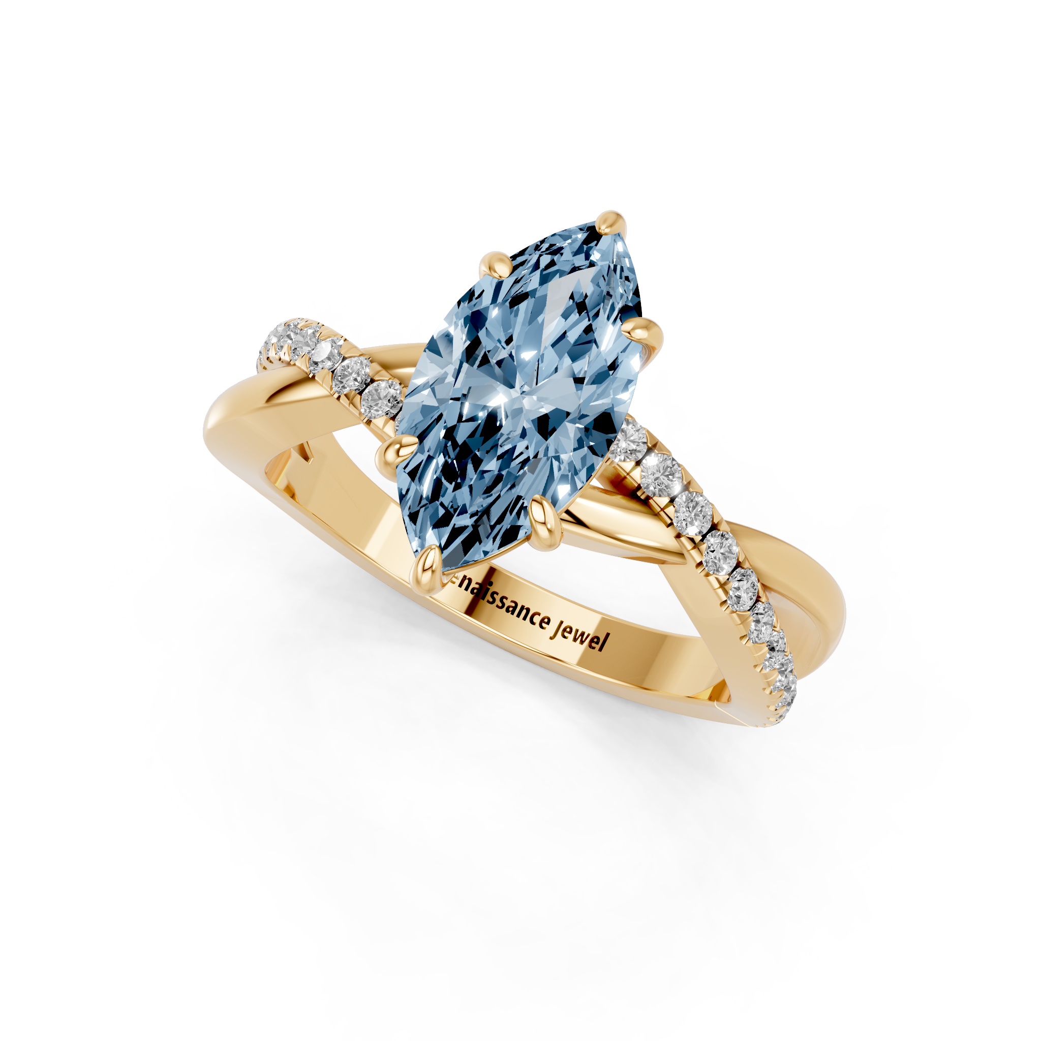 Yellow gold Fancy Blue Marquise  Cut Diamond Twist Band Solitaire with Prong Setting_3
