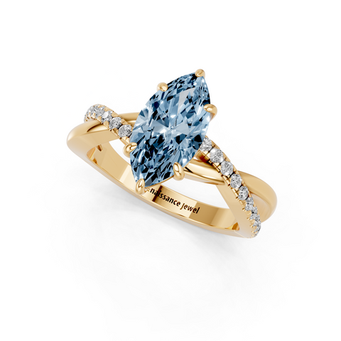 Yellow gold Fancy Blue Marquise  Cut Diamond Twist Band Solitaire with Prong Setting_3