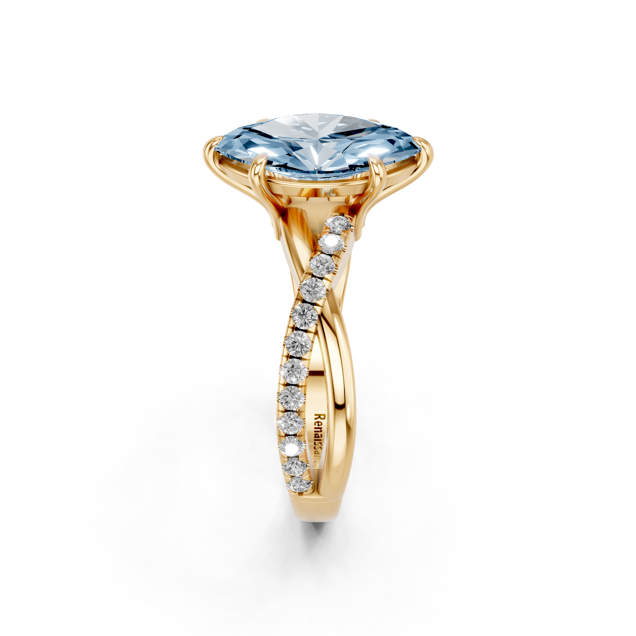 Yellow gold Fancy Blue Marquise  Cut Diamond Twist Band Solitaire with Prong Setting_4