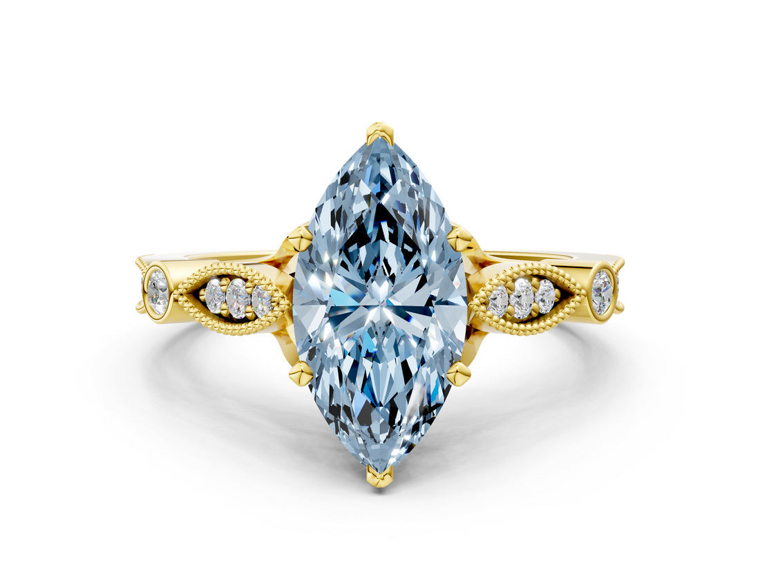 Yellow gold Fancy Blue Marquise  Cut Diamond with Milgrain Marquise and Bezel Accents on a Solitaire Band with Prong Setting_194