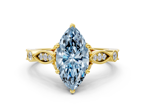 Yellow gold Fancy Blue Marquise  Cut Diamond with Milgrain Marquise and Bezel Accents on a Solitaire Band with Prong Setting