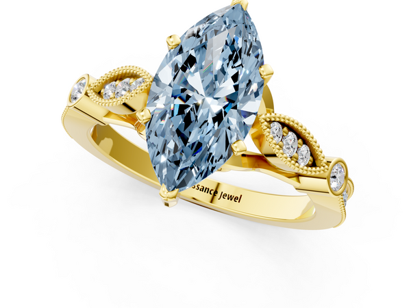 Yellow gold Fancy Blue Marquise  Cut Diamond with Milgrain Marquise and Bezel Accents on a Solitaire Band with Prong Setting