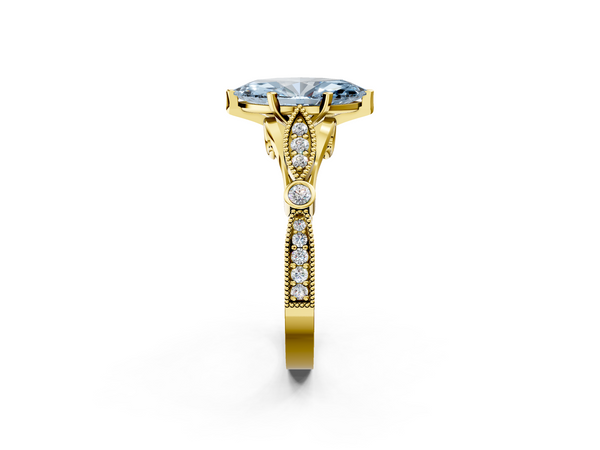 Yellow gold Fancy Blue Marquise  Cut Diamond with Milgrain Marquise and Bezel Accents on a Solitaire Band with Prong Setting