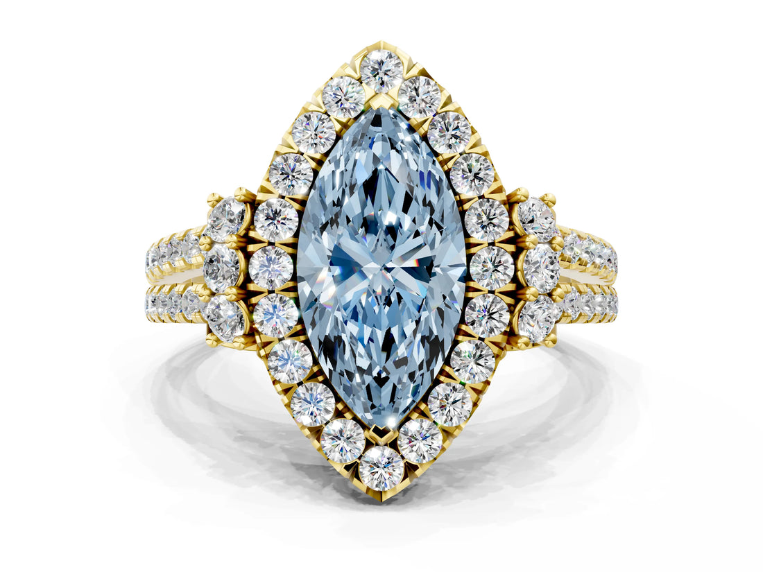 Yellow gold Fancy Blue Marquise  Cut Double Halo Diamond Engagement Ring with Pave Band and Four-Prong Setting_43