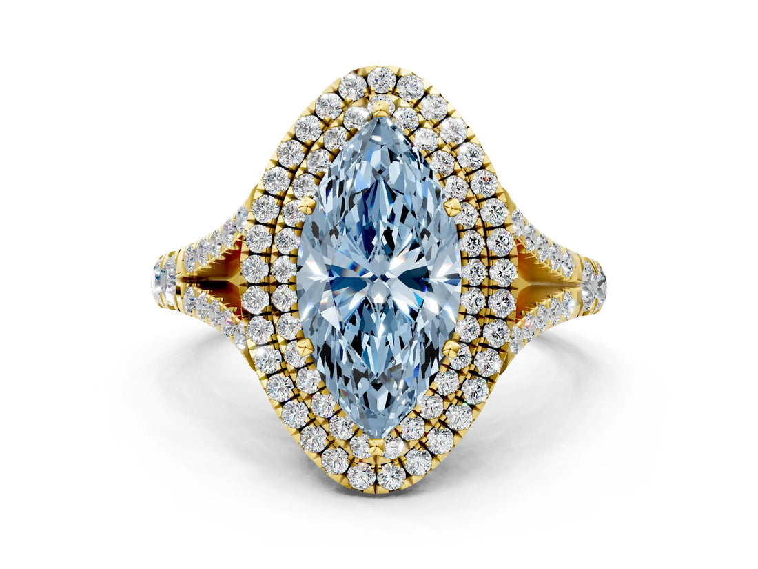 Yellow gold Fancy Blue Marquise  Cut Double Halo Split Shank Diamond Ring with Prong Setting_48