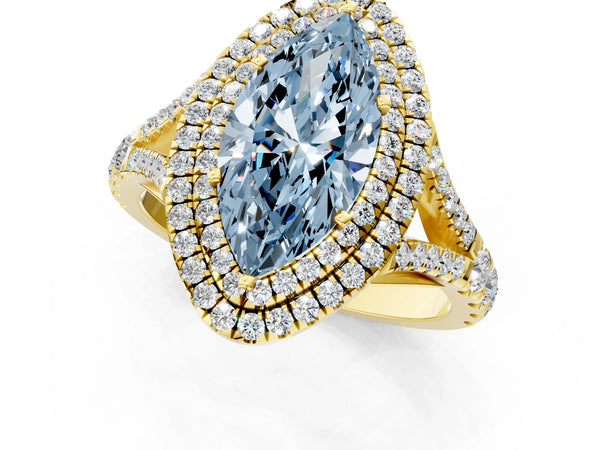 Yellow gold Fancy Blue Marquise  Cut Double Halo Split Shank Diamond Ring with Prong Setting
