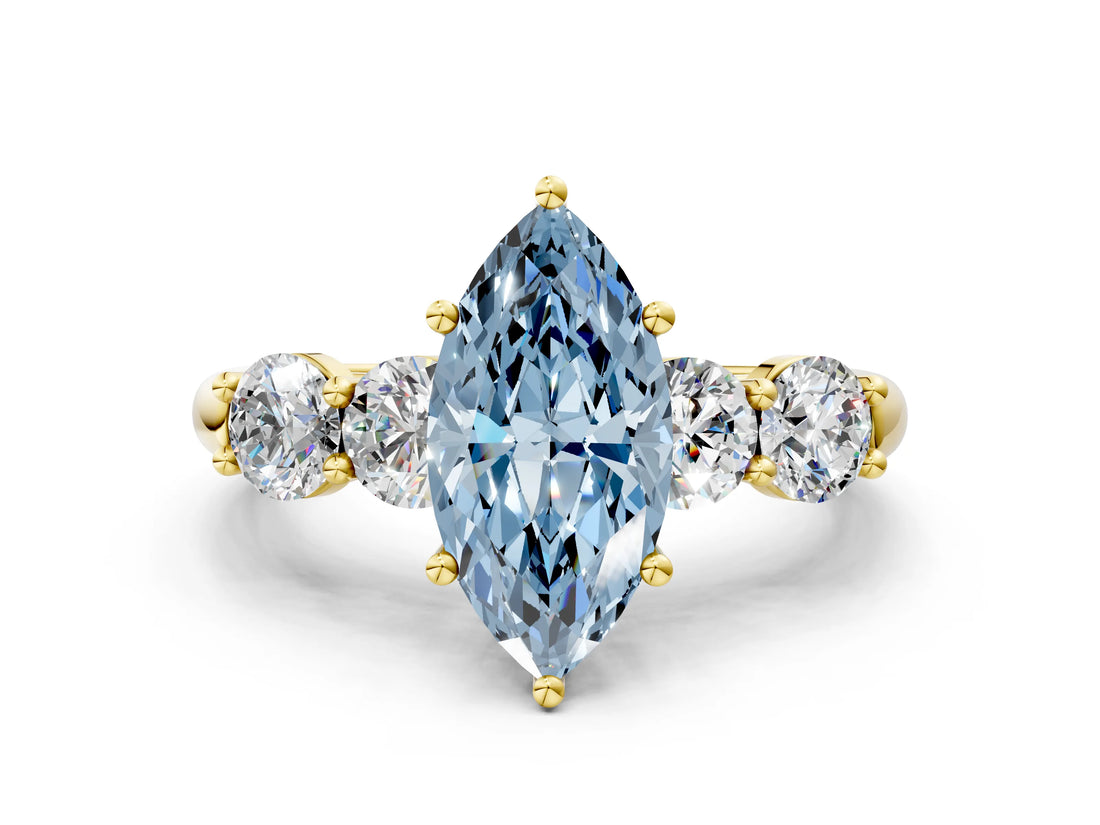 Yellow gold Fancy Blue Marquise  Cut Five-Stone Prong Set Diamond Ring with Classic Band_32