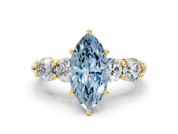 Yellow gold Fancy Blue Marquise  Cut Five-Stone Prong Set Diamond Ring with Classic Band