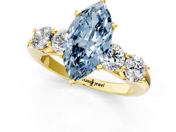 Yellow gold Fancy Blue Marquise  Cut Five-Stone Prong Set Diamond Ring with Classic Band