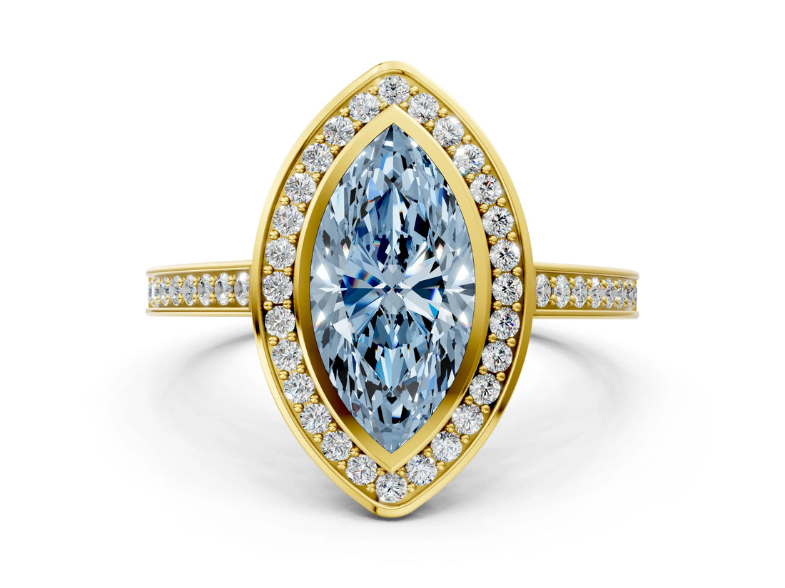 Yellow gold Fancy Blue Marquise Cut Halo Bezel Diamond Pave Band Ring