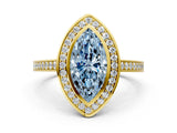 Yellow gold Fancy Blue Marquise Cut Halo Bezel Diamond Pave Band Ring