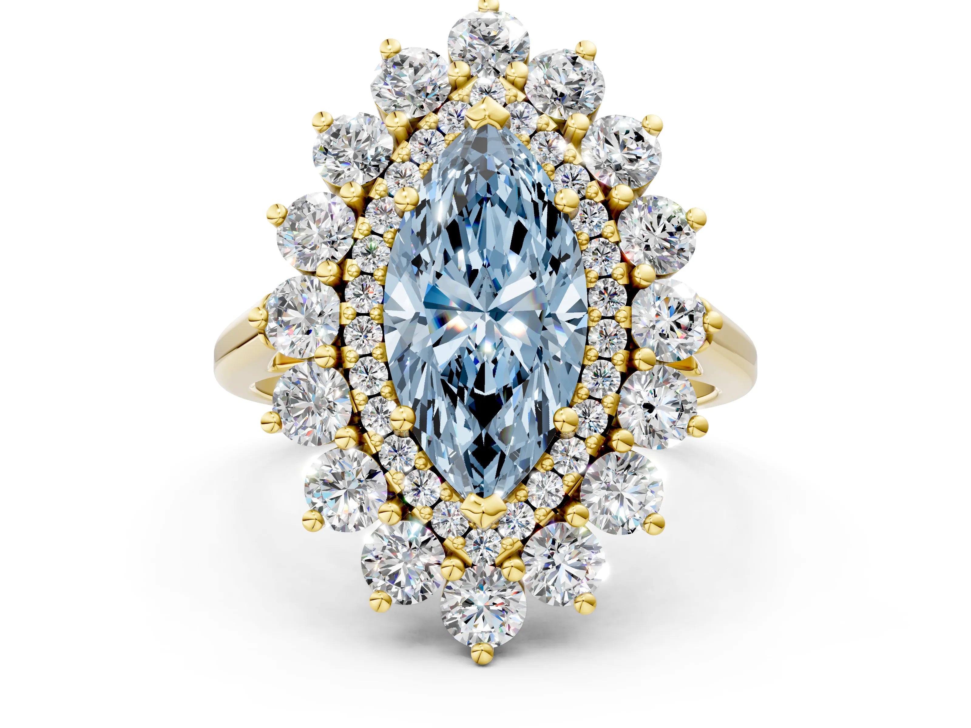 Yellow gold Fancy Blue Marquise Cut Halo Cluster Diamond Ring with Pave Band and Four-Prong Setting