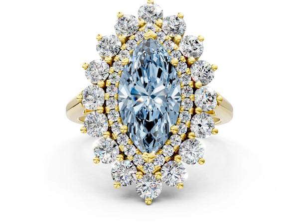 Yellow gold Fancy Blue Marquise Cut Halo Cluster Diamond Ring with Pave Band and Four-Prong Setting