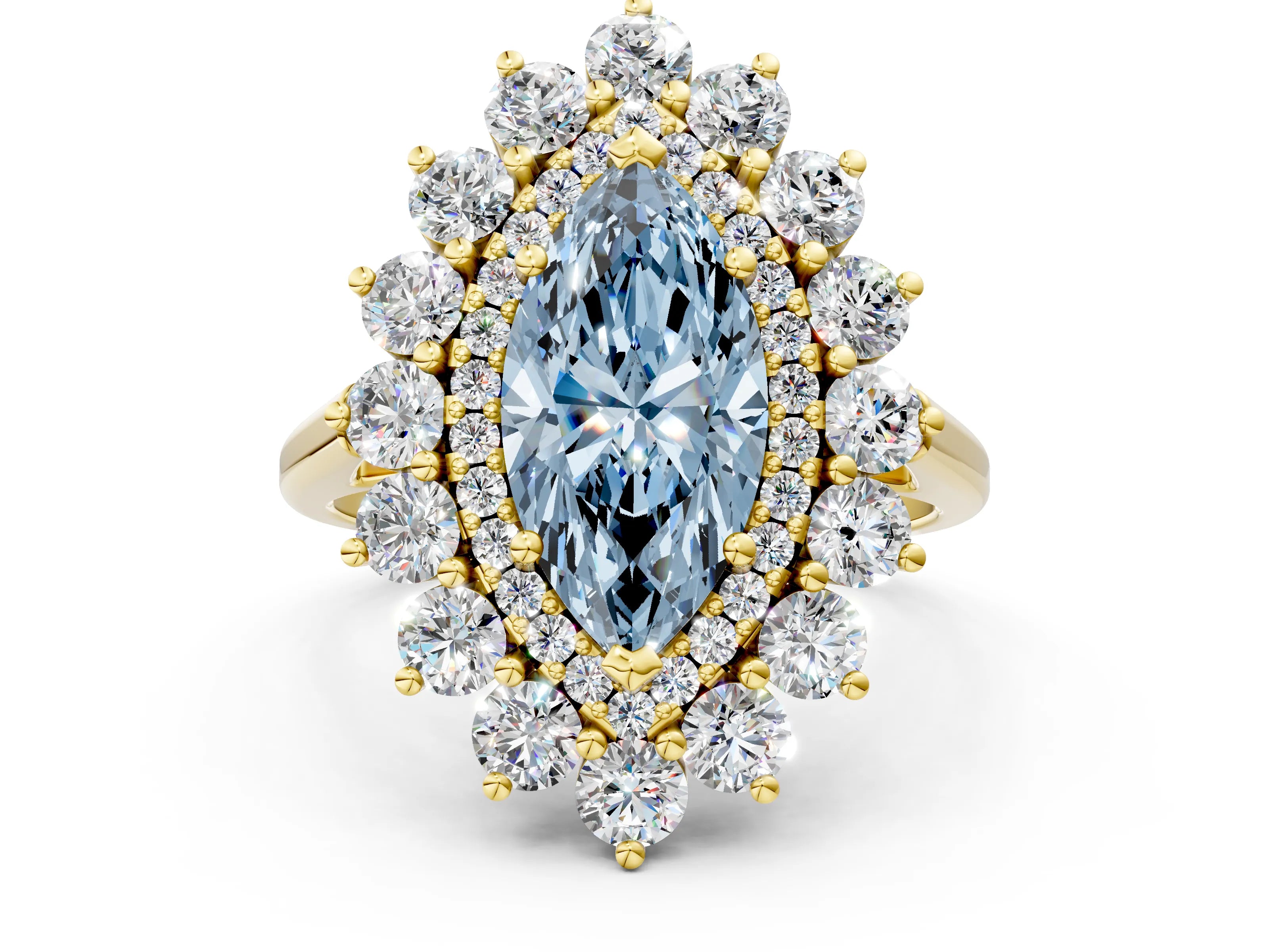 Yellow gold Fancy Blue Marquise Cut Halo Cluster Diamond Ring with Pave Band and Four-Prong Setting_12