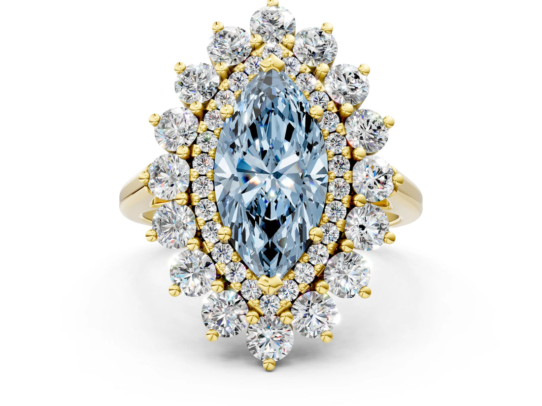 Yellow gold Fancy Blue Marquise Cut Halo Cluster Diamond Ring with Pave Band and Four-Prong Setting_12