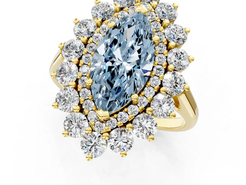 Yellow gold Fancy Blue Marquise Cut Halo Cluster Diamond Ring with Pave Band and Four-Prong Setting_13