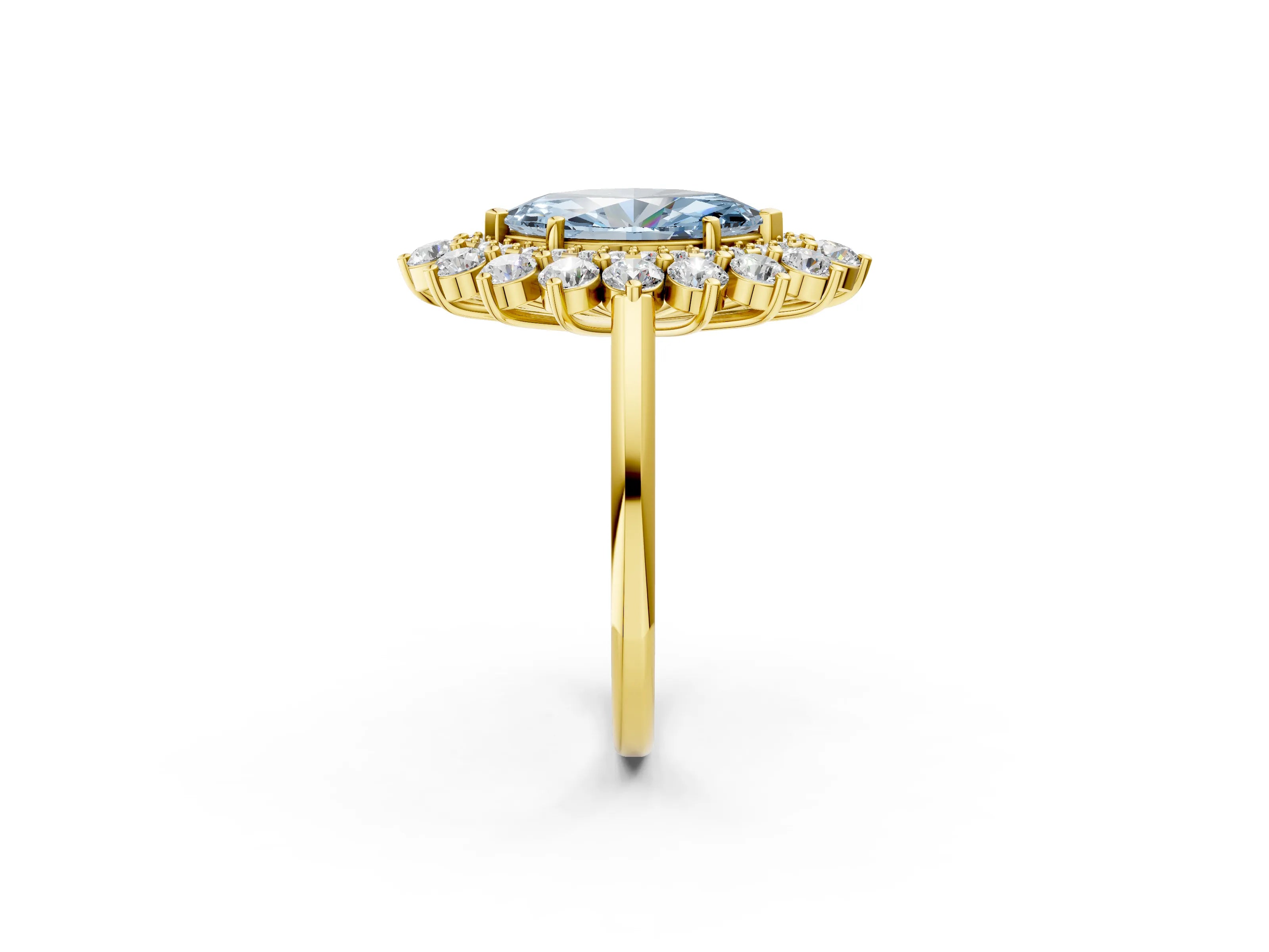 Yellow gold Fancy Blue Marquise Cut Halo Cluster Diamond Ring with Pave Band and Four-Prong Setting_14