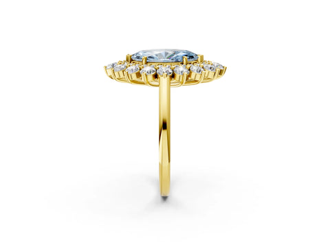 Yellow gold Fancy Blue Marquise Cut Halo Cluster Diamond Ring with Pave Band and Four-Prong Setting_14