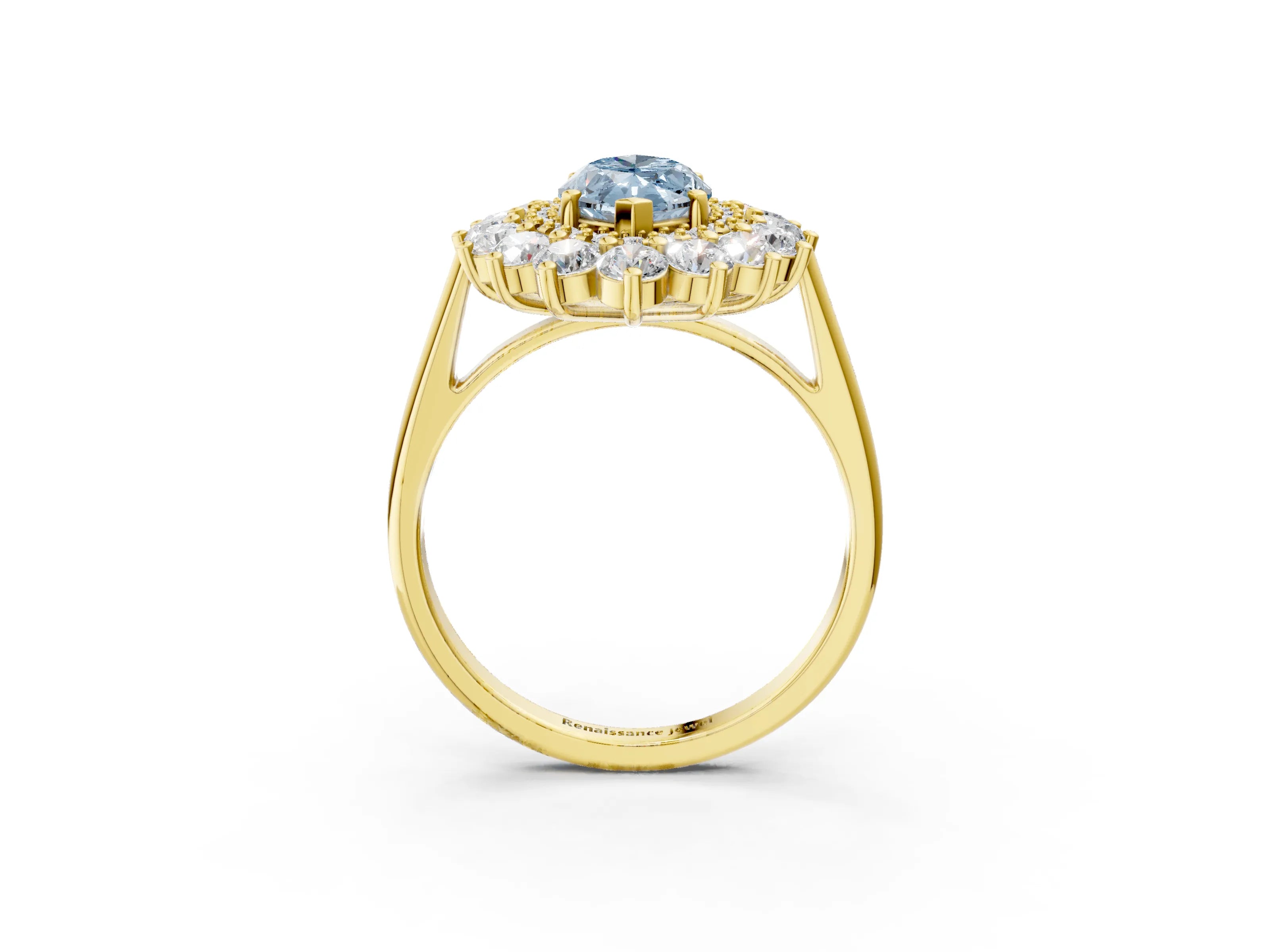 Yellow gold Fancy Blue Marquise Cut Halo Cluster Diamond Ring with Pave Band and Four-Prong Setting_15