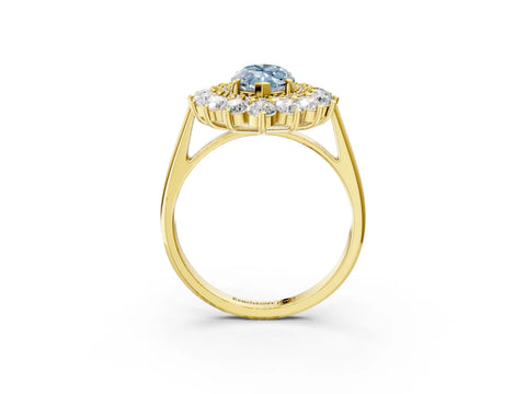 Yellow gold Fancy Blue Marquise Cut Halo Cluster Diamond Ring with Pave Band and Four-Prong Setting_15