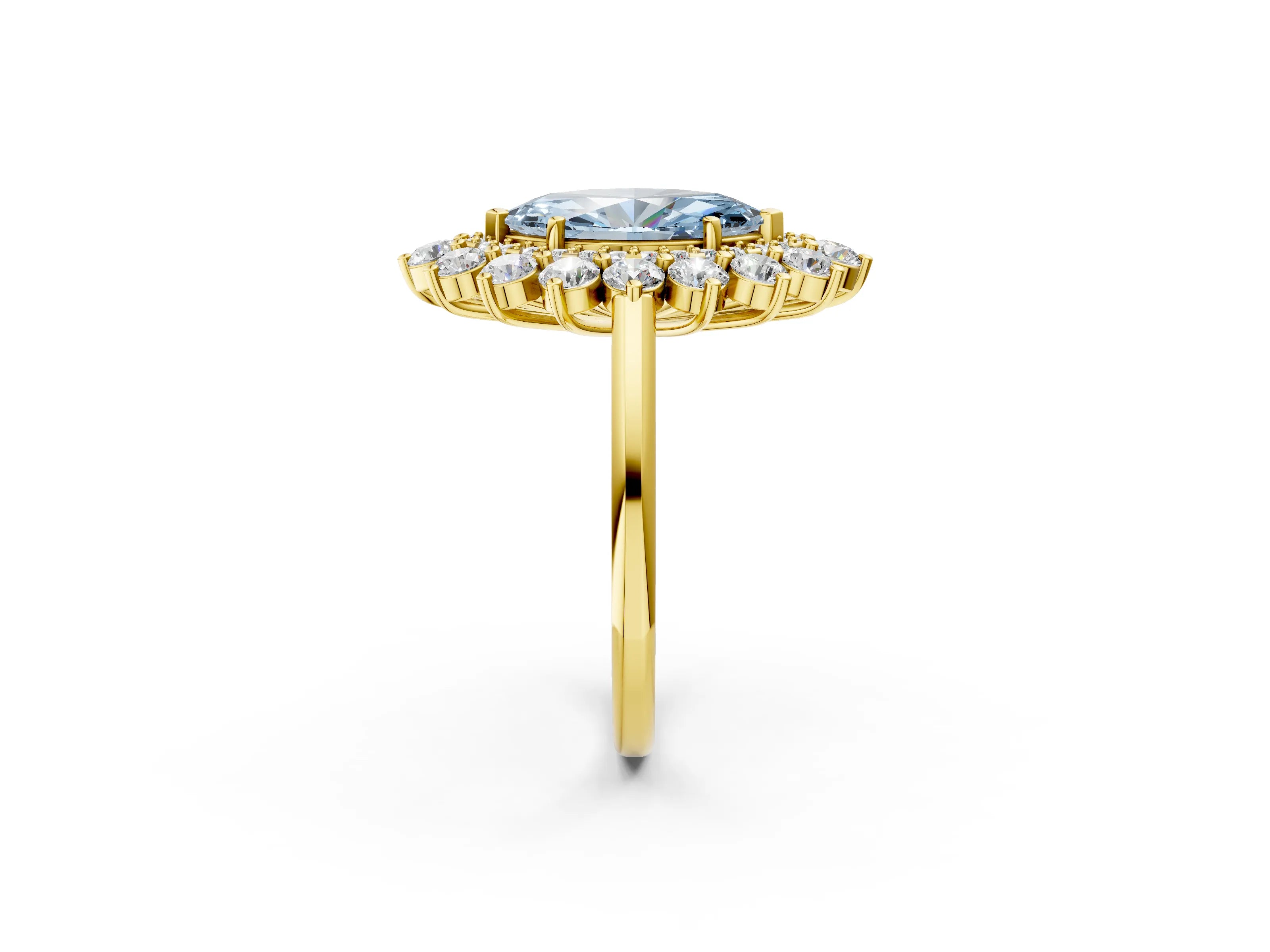Yellow gold Fancy Blue Marquise Cut Halo Cluster Diamond Ring with Pave Band and Four-Prong Setting_2