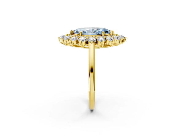 Yellow gold Fancy Blue Marquise Cut Halo Cluster Diamond Ring with Pave Band and Four-Prong Setting