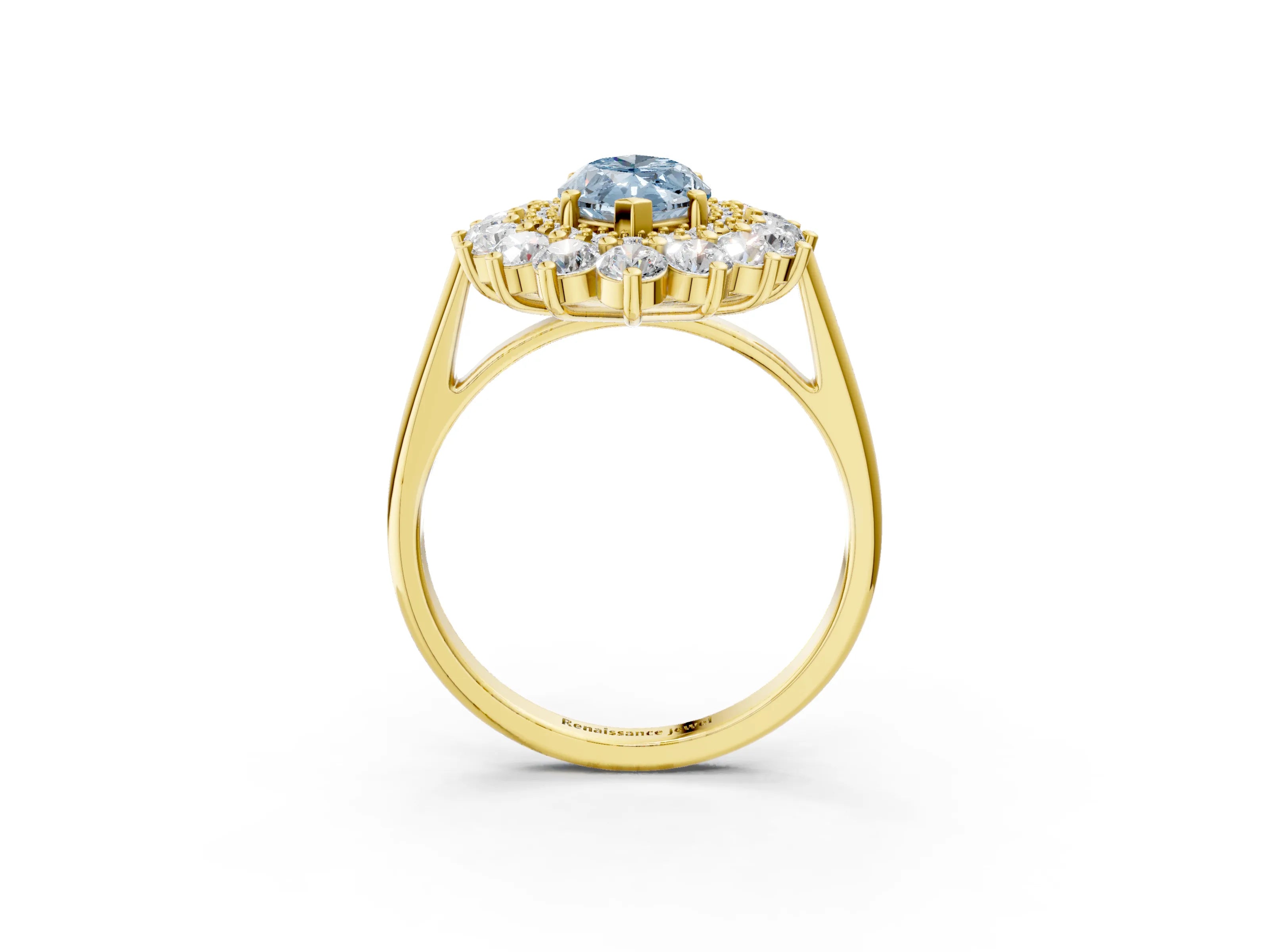 Yellow gold Fancy Blue Marquise Cut Halo Cluster Diamond Ring with Pave Band and Four-Prong Setting_3