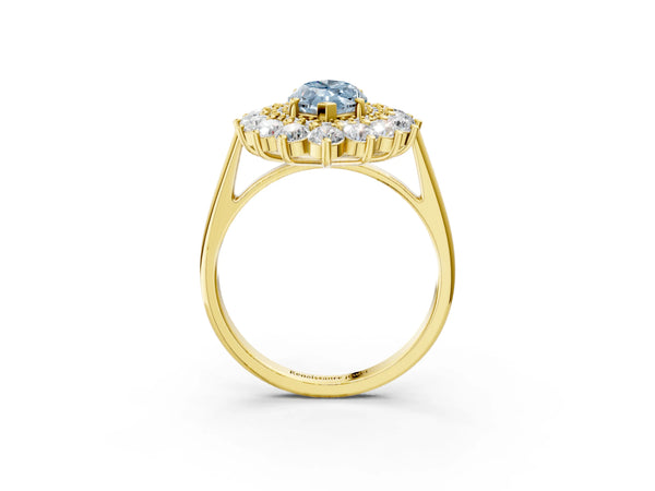 Yellow gold Fancy Blue Marquise Cut Halo Cluster Diamond Ring with Pave Band and Four-Prong Setting
