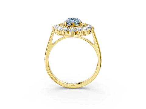 Yellow gold Fancy Blue Marquise Cut Halo Cluster Diamond Ring with Pave Band and Four-Prong Setting_3