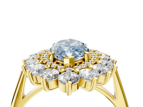 Yellow gold Fancy Blue Marquise Cut Halo Cluster Diamond Ring with Pave Band and Four-Prong Setting_4