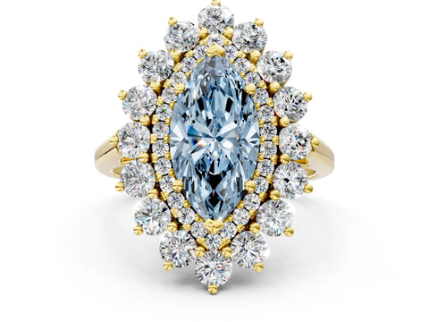Yellow gold Fancy Blue Marquise Cut Halo Cluster Diamond Ring with Pave Band and Four-Prong Setting