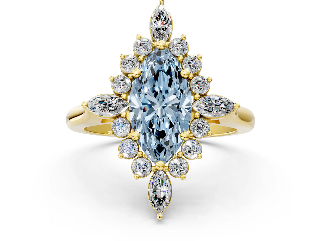 Yellow gold Fancy Blue Marquise Cut Halo Diamond Cluster Ring with Marquise and Round Stones on a White Gold Band with Prong Setting