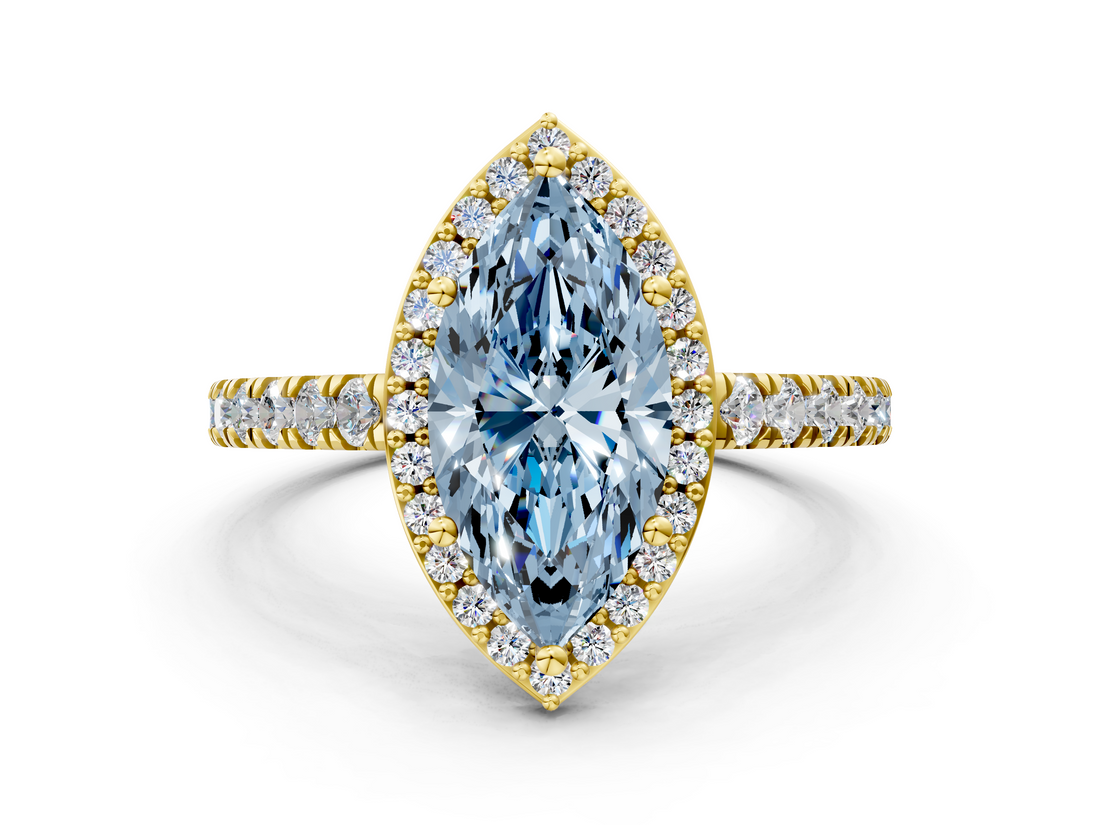 Yellow gold Fancy Blue Marquise  Cut Halo Diamond Engagement Ring with Pave Band and Four-Prong Setting_28