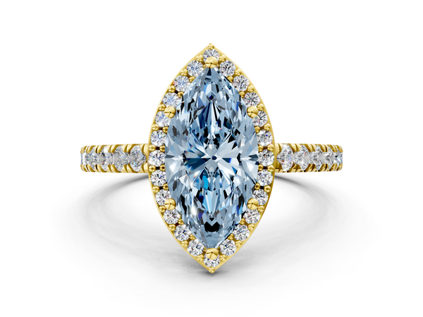 Yellow gold Fancy Blue Marquise  Cut Halo Diamond Engagement Ring with Pave Band and Four-Prong Setting