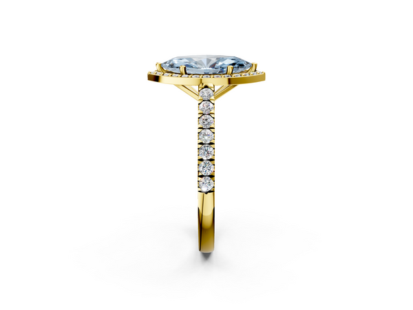 Yellow gold Fancy Blue Marquise  Cut Halo Diamond Engagement Ring with Pave Band and Four-Prong Setting