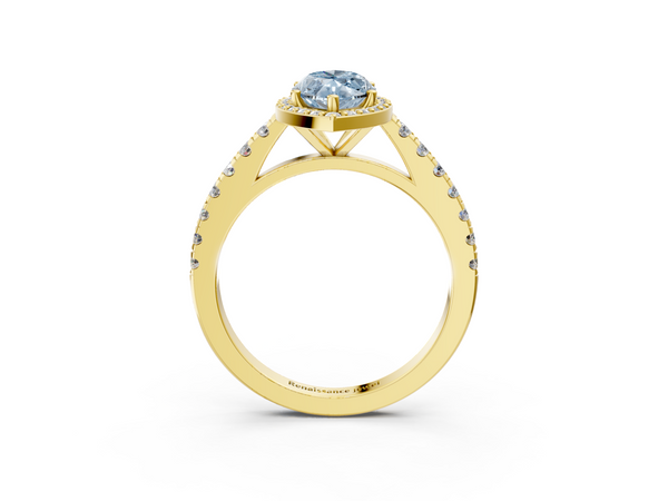 Yellow gold Fancy Blue Marquise  Cut Halo Diamond Engagement Ring with Pave Band and Four-Prong Setting