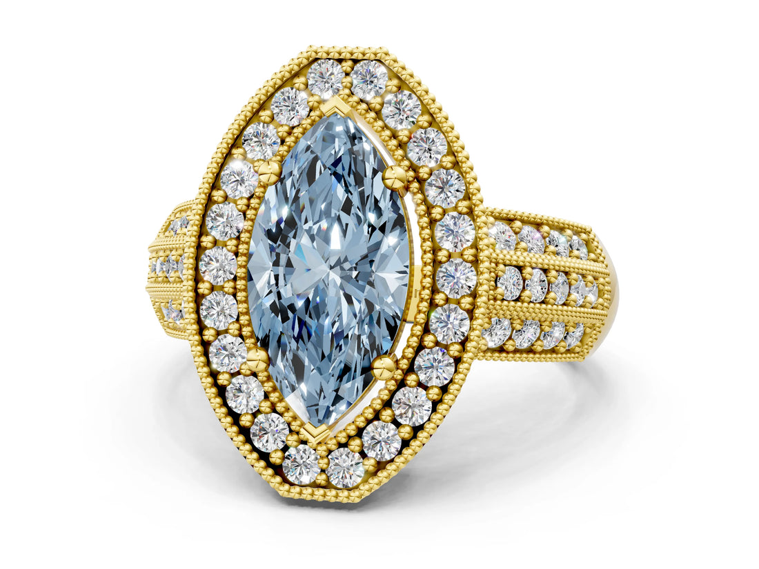 Yellow gold Fancy Blue Marquise Cut Halo Diamond Engagement Ring with Pave Split Shank and Four-Prong Setting