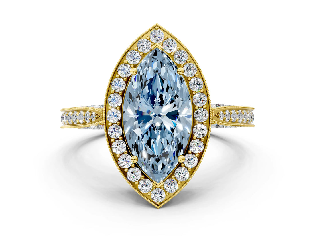 Yellow gold Fancy Blue Marquise Cut Halo Diamond Engagement Ring with Split Shank Band and Four-Prong Setting